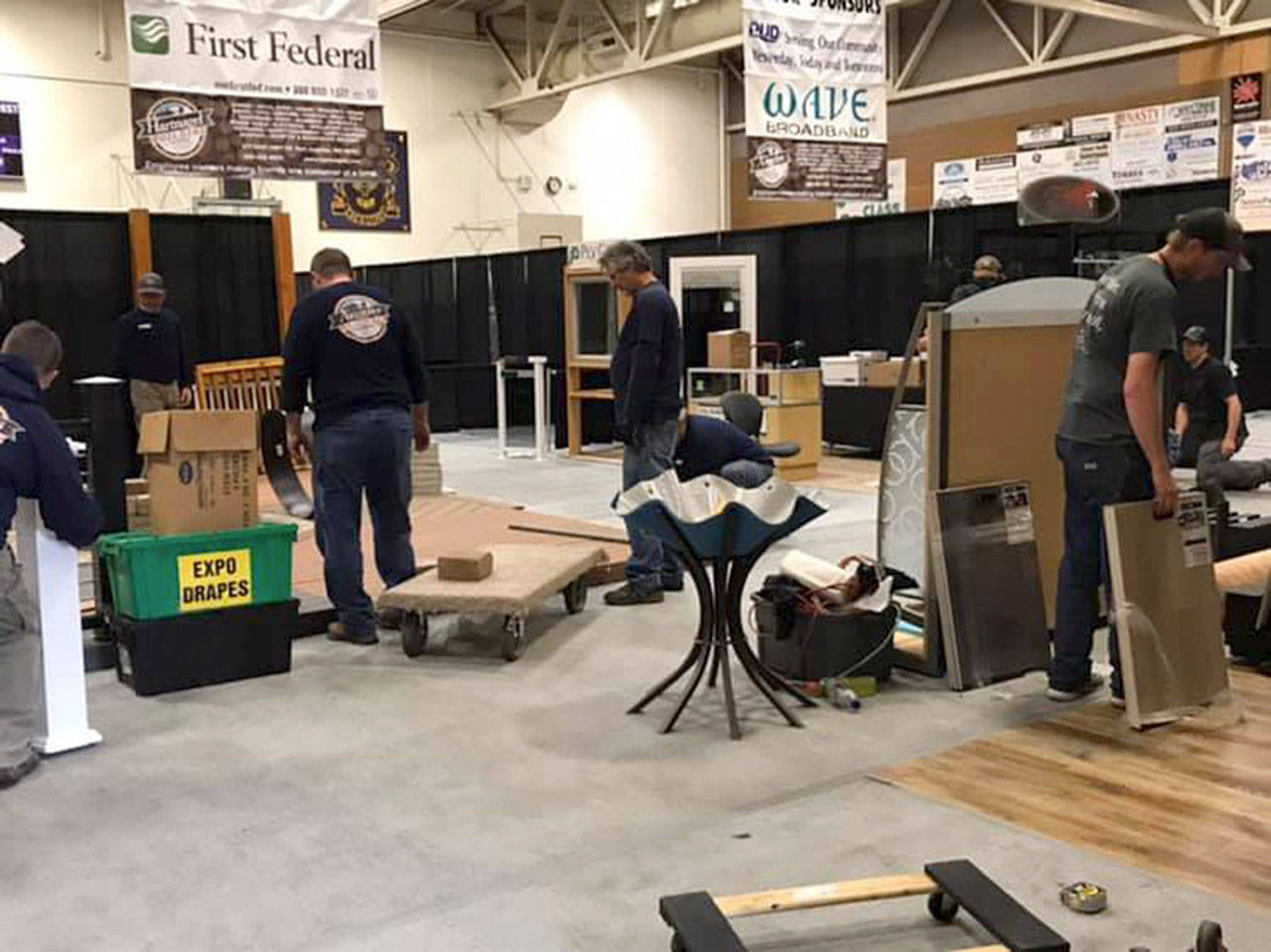 On Friday, vendors were setting up for the weekend North Peninsula Building Association Expo at Sequim High School. (North Olympic Building Association)