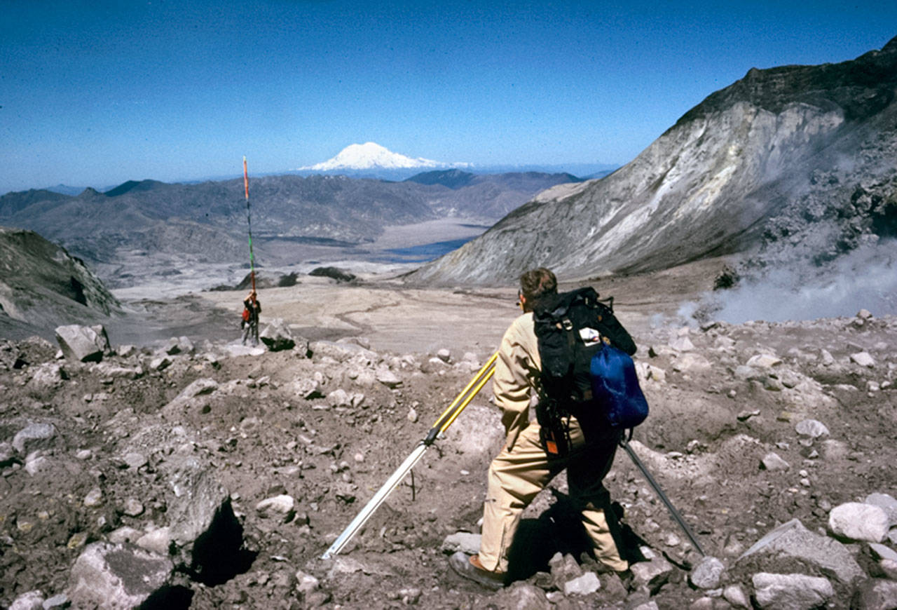 Christinia Heliker will discuss her work at Mount St. Helens during a presentation Saturday in Port Townsend. United States Geological Survey work is shown here within the mountain’s crater. Mount Rainier is shown in the distance.