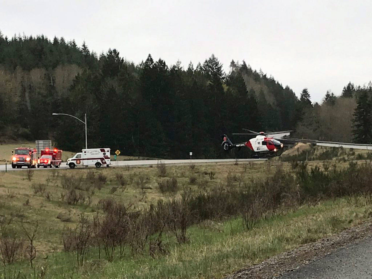 A Port Angeles man was airlifted to Harborview Medical Center on Monday after his truck collided with another vehicle on U.S. Highway 101 north of Quilcene. (Washington State Patrol)