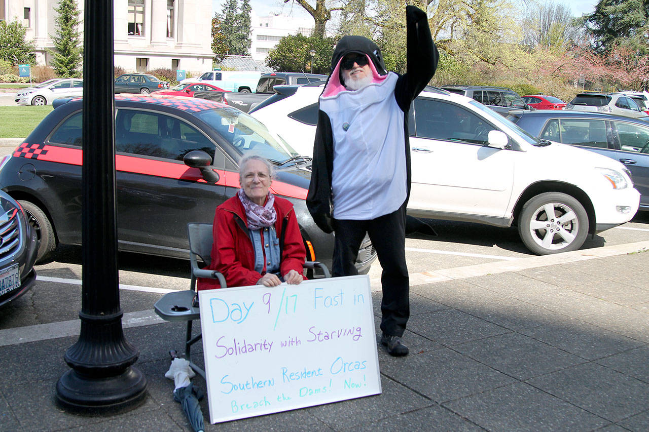 Lannie Johnson sits in front of the state Capitol building where she has been on a hunger strike to save the Southern Resident orcas. She is joined by a supporter, Phil Myers, who is dressed in an orca suit. (WNPA)