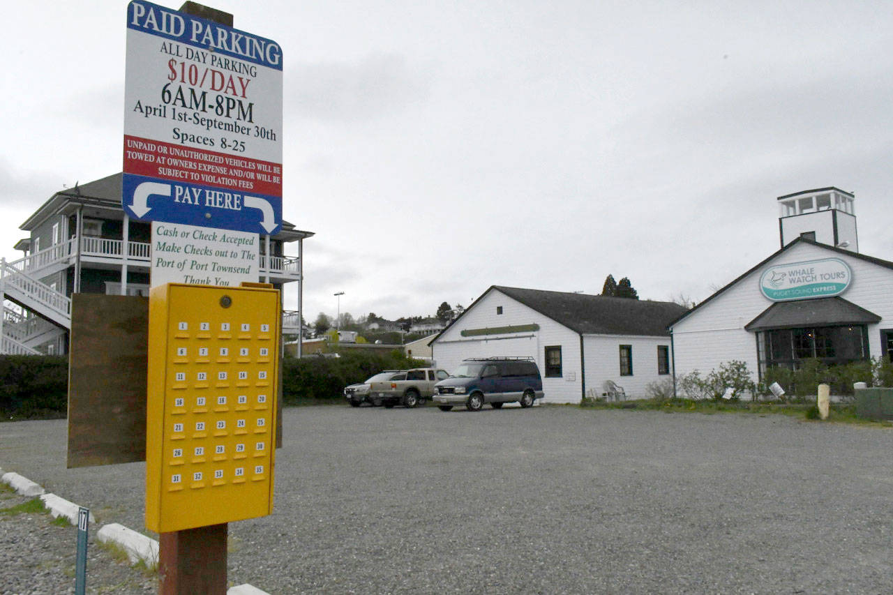 The Port of Port Townsend parking lot on Jackson Street became a paid lot April 1. Point Hudson is experiencing a parking crunch because of increased tourism, new port tenant leases and moorage tenants. (Jeannie McMacken/Peninsula Daily News)