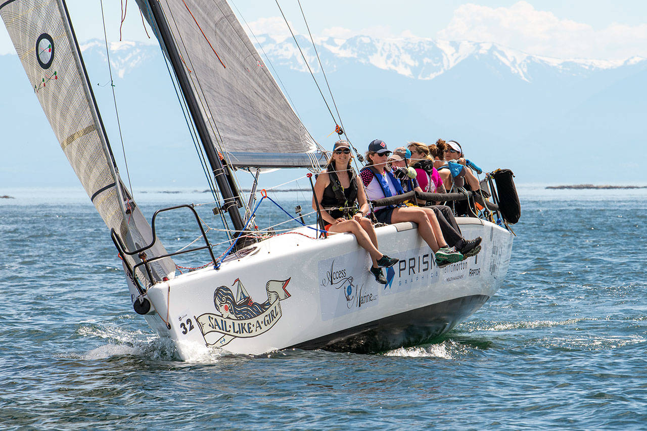 Team Sail Like A Girl rides the wind during the 2018 Race to Alaska. The deadline to sign up for this year’s event or the SEVENTY48 race from Tacoma to Port Townsend is Monday. (Katrina Zoe Norbom)