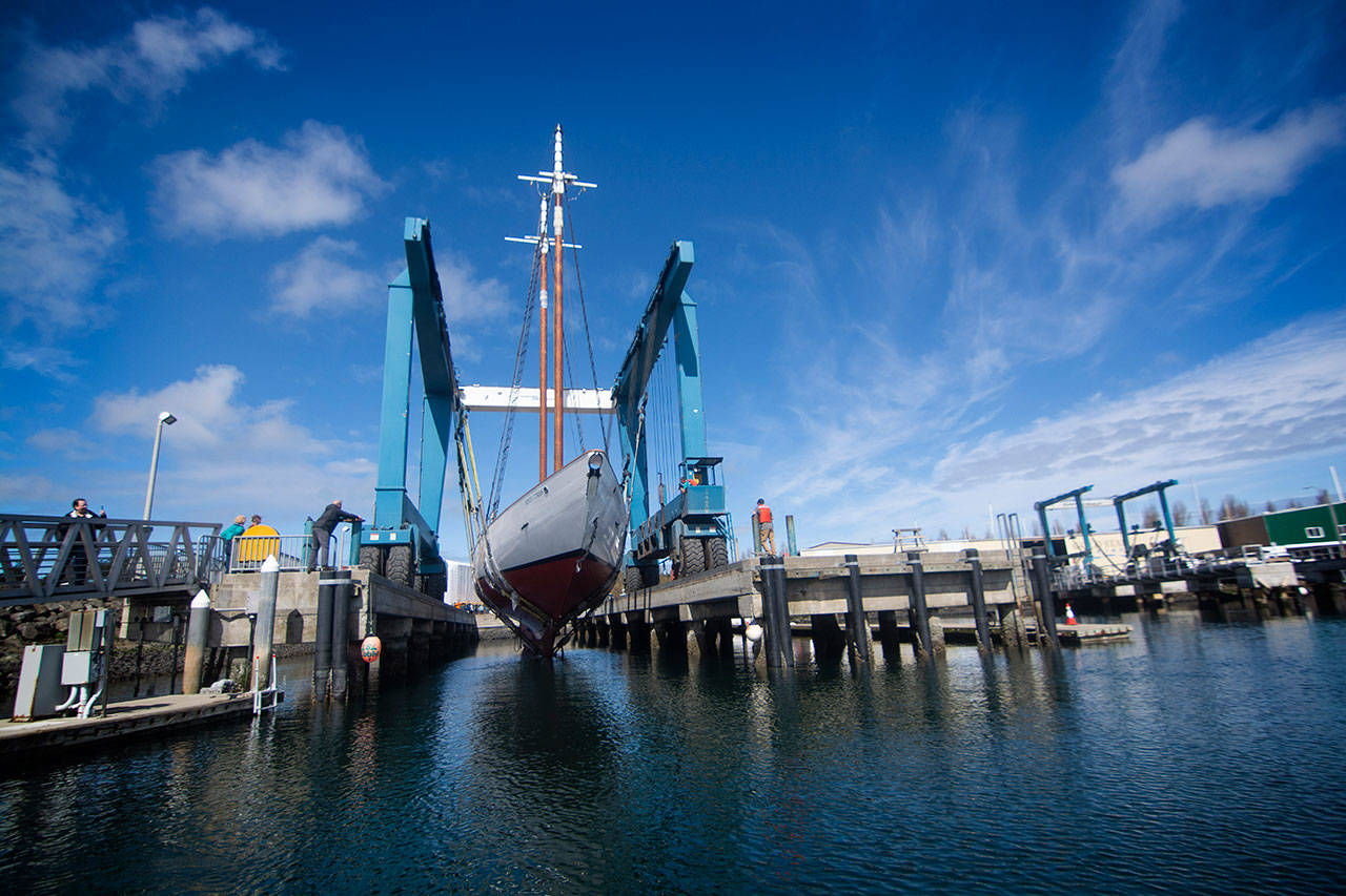 The schooner Adventuress waits to be lowered into the water at the Port Townsend Boat Haven Friday. (Jesse Major/Peninsula Daily News)