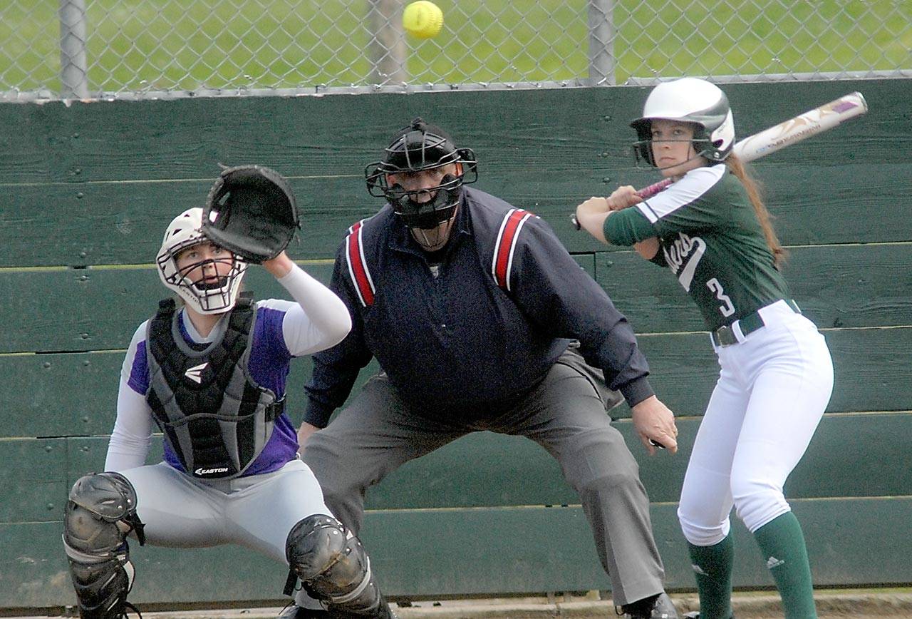 Keith Thorpe/Peninsula Daily News                                Port Angeles Hope OConnor bats in the first inning as North Kitsap catcher Lamara Villiard waits for the delivery on Friday at the Dry Creek athletic fields in Port Angeles.