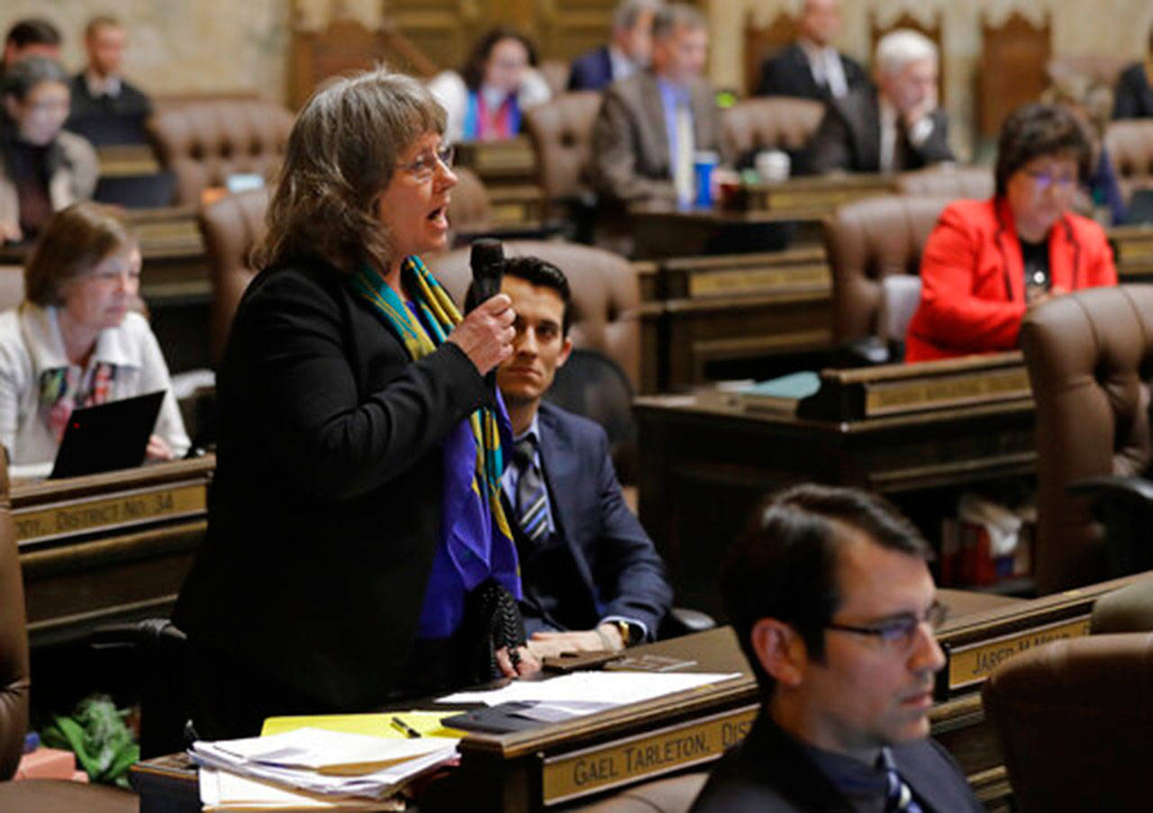 Rep. Gael Tarleton, D-Seattle, speaks on the House floor Thursday at the Capitol in Olympia. (Ted S. Warren/The Associated Press)