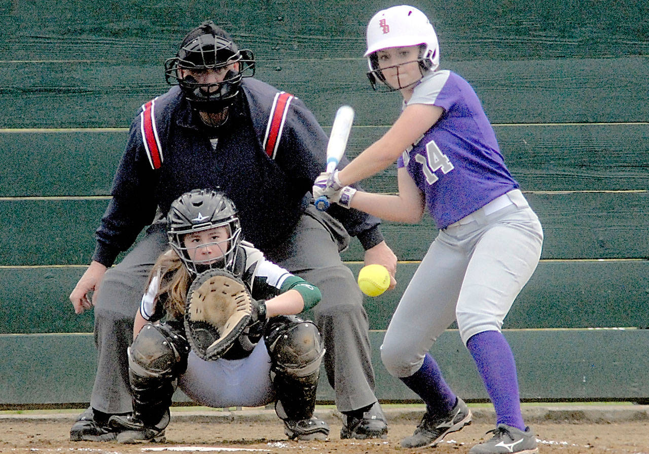 Keith Thorpe/Peninsula Daily News Port Angeles catcher Zoe Smithson waits for the delivery during a recent win over North Kitsap.