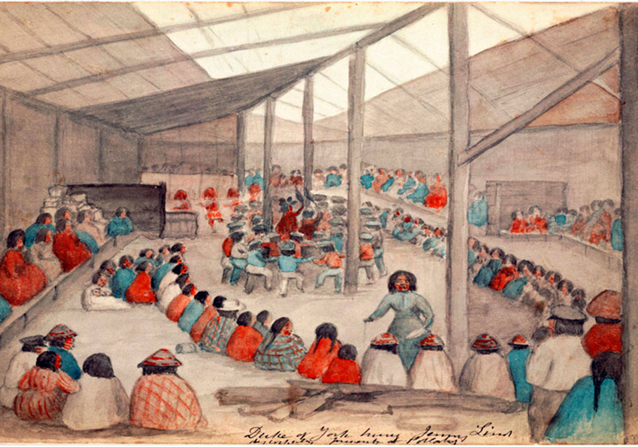 This 1859 watercolor by James G. Swan depicts a SKlallam potlach at qatáy, which will be covered in a First Friday lecture as part of a 140th anniversary celebration of the Jefferson County Historical Society. (Jefferson County Historical Society)
