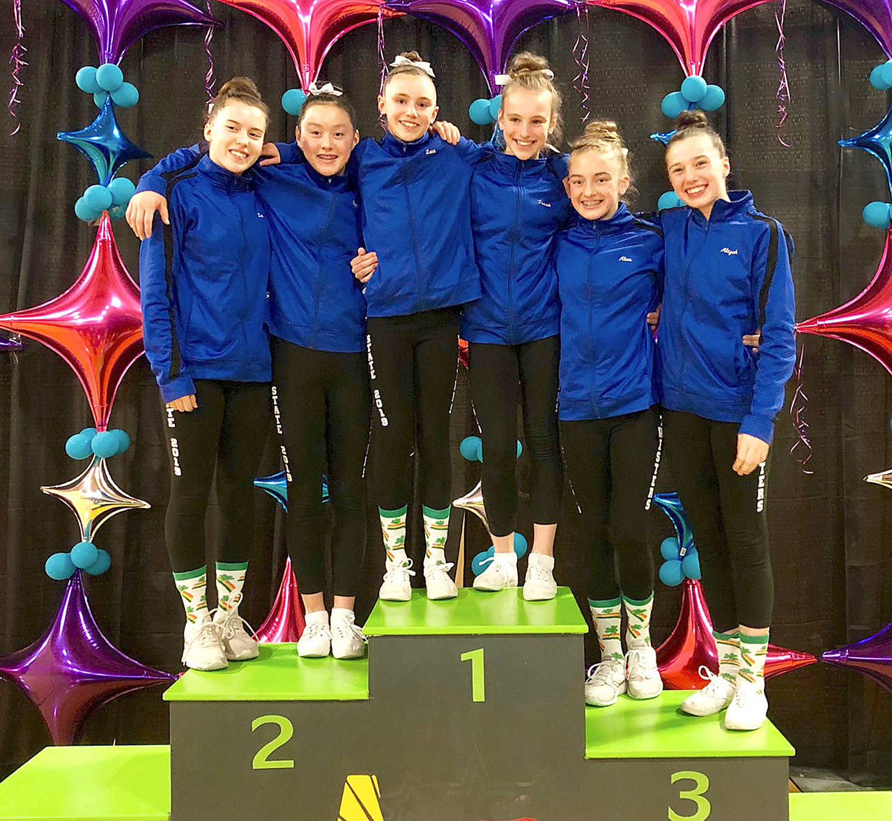 Twisters Gymnastics Level 7 team recently earned an eighth-place finish overall at the 2019 Washington Optional State Championships at Bonney Lake High School. Team members are, from left, Lia Poore, Rell Lennox, Luca Campbell, Tessa Richardson, Alexandria Schmadeke and Aliyah Yearian.