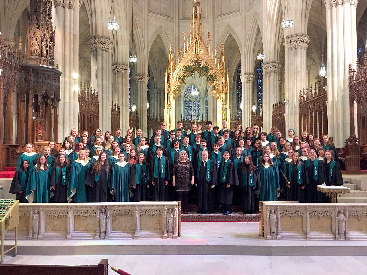 Port Angeles High School choir members are pictured in St. Patrick’s Cathedral, one of the places they performed during a trip to New York City during spring break.