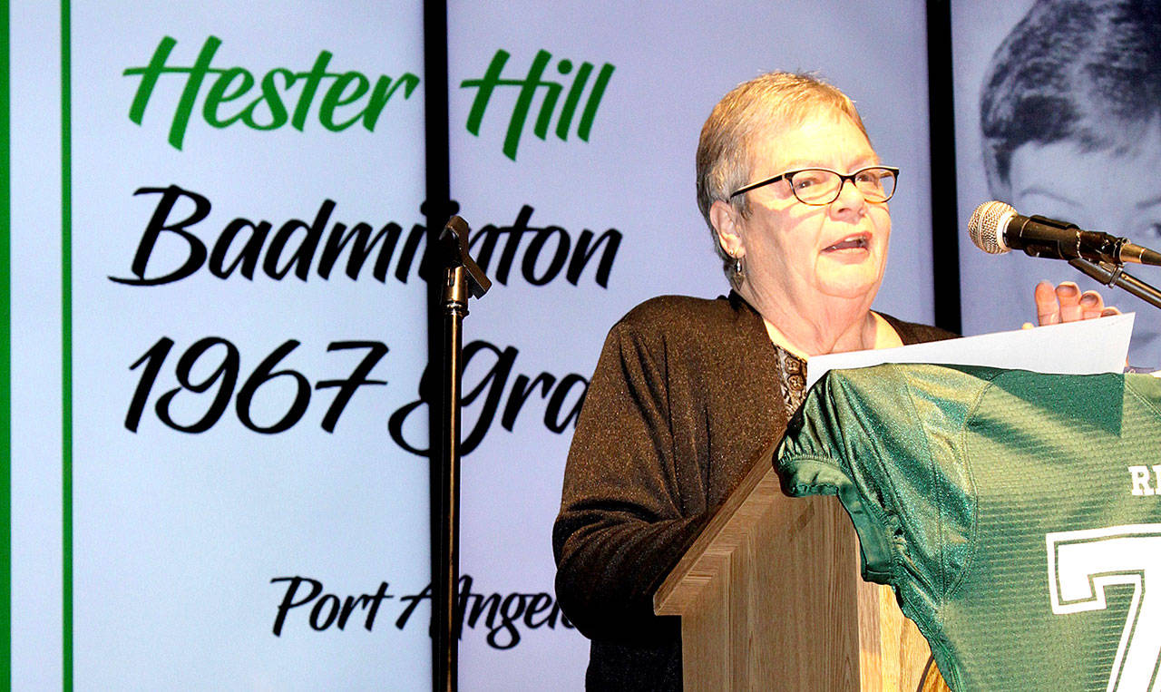 Hester Hill, a 1967 Port Angeles High School graduate and star badminton player, speaks at her Roughrider Hall of Fame induction Saturday night. (Dave Logan/for Peninsula Daily News)