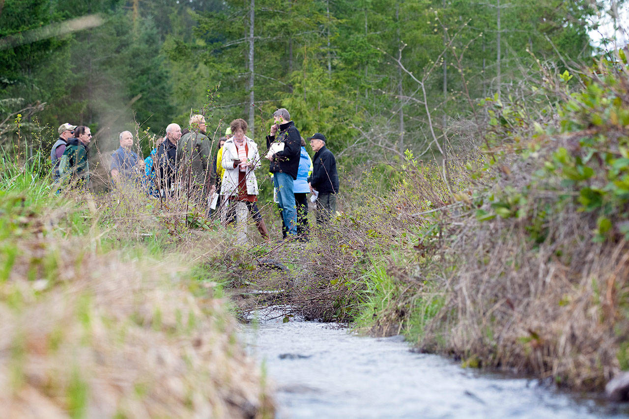 Irrigation water passes under officials from the city of Sequim and Clallam County as they tour the proposed site of the Dungeness Off-Channel Reservoir on Monday. (Jesse Major/Peninsula Daily News)