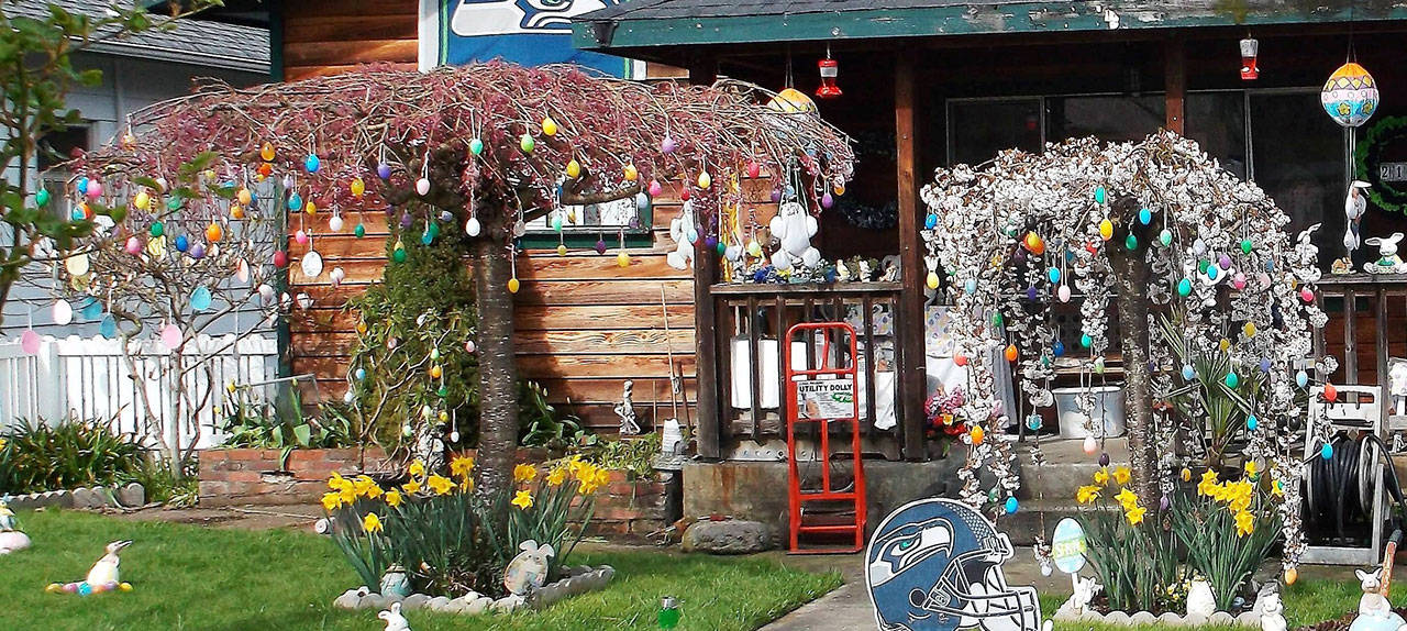 Pat Rodockers yard at 215 W. Sixth St. in Port Angeles is decorated seasonally with help from her son, Michael. (Iris Heston)