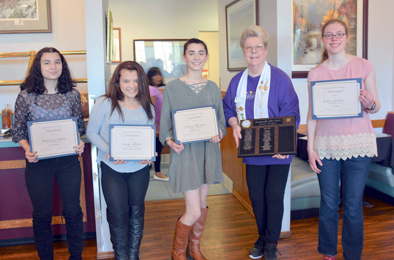 Soroptimist International of Port Angeles Noon Club presented STAR Awards to four juniors from Port Angeles at a luncheon April 12 at Joshua’s Restaurant. From left are Angeliyah Vlasak, Sammi Bates, Emma Murphy, club President Jeri Bawden and Emma Weller.