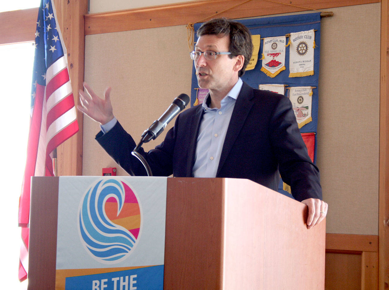 State Attorney General Bob Ferguson speaks Tuesday to three Port Townsend Rotary clubs during a meeting at the Northwest Maritime Center. (Brian McLean/Peninsula Daily News)