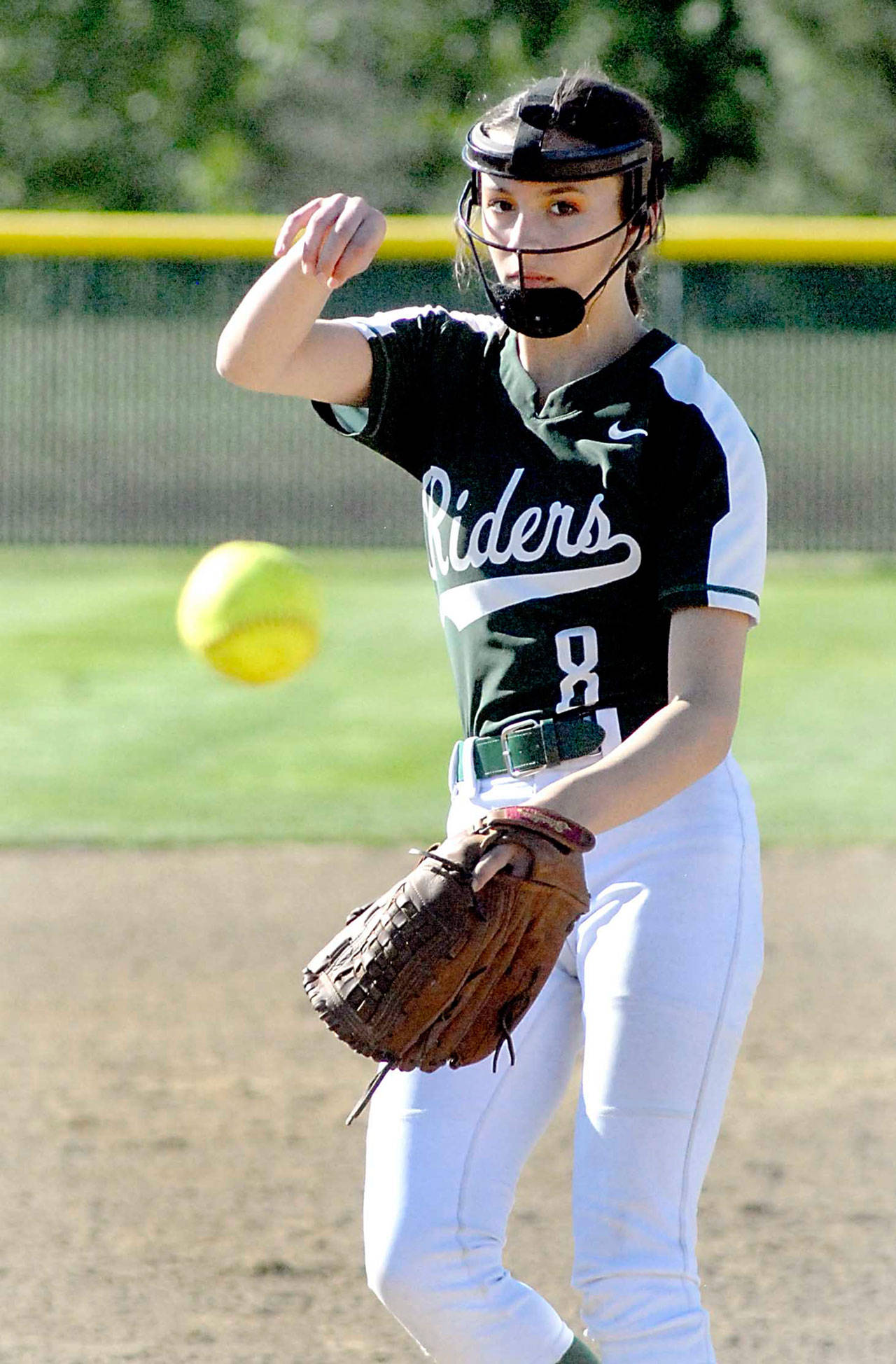 Keith Thorpe/Peninsula Daily News Port Angeles’ Ella Holland pitches in the third inning of Tuesday’s game against Bremerton at the Dry Creek athletic fields near Port Angeles.