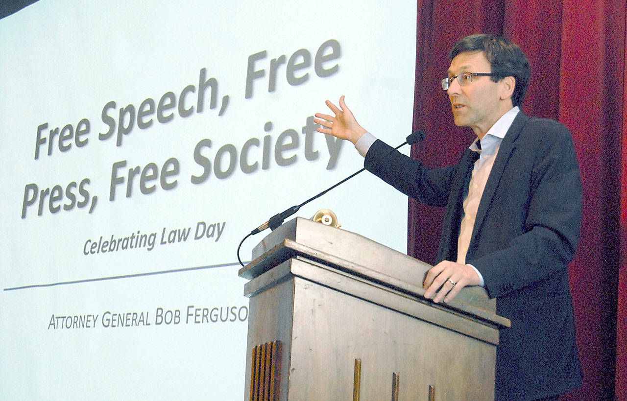 Washington Attorney General Bob Ferguson speaks about free speech in modern society during a presentation on Tuesday evening on the Port Angeles campus of Peninsula College. (Keith Thorpe/Peninsula Daily News)