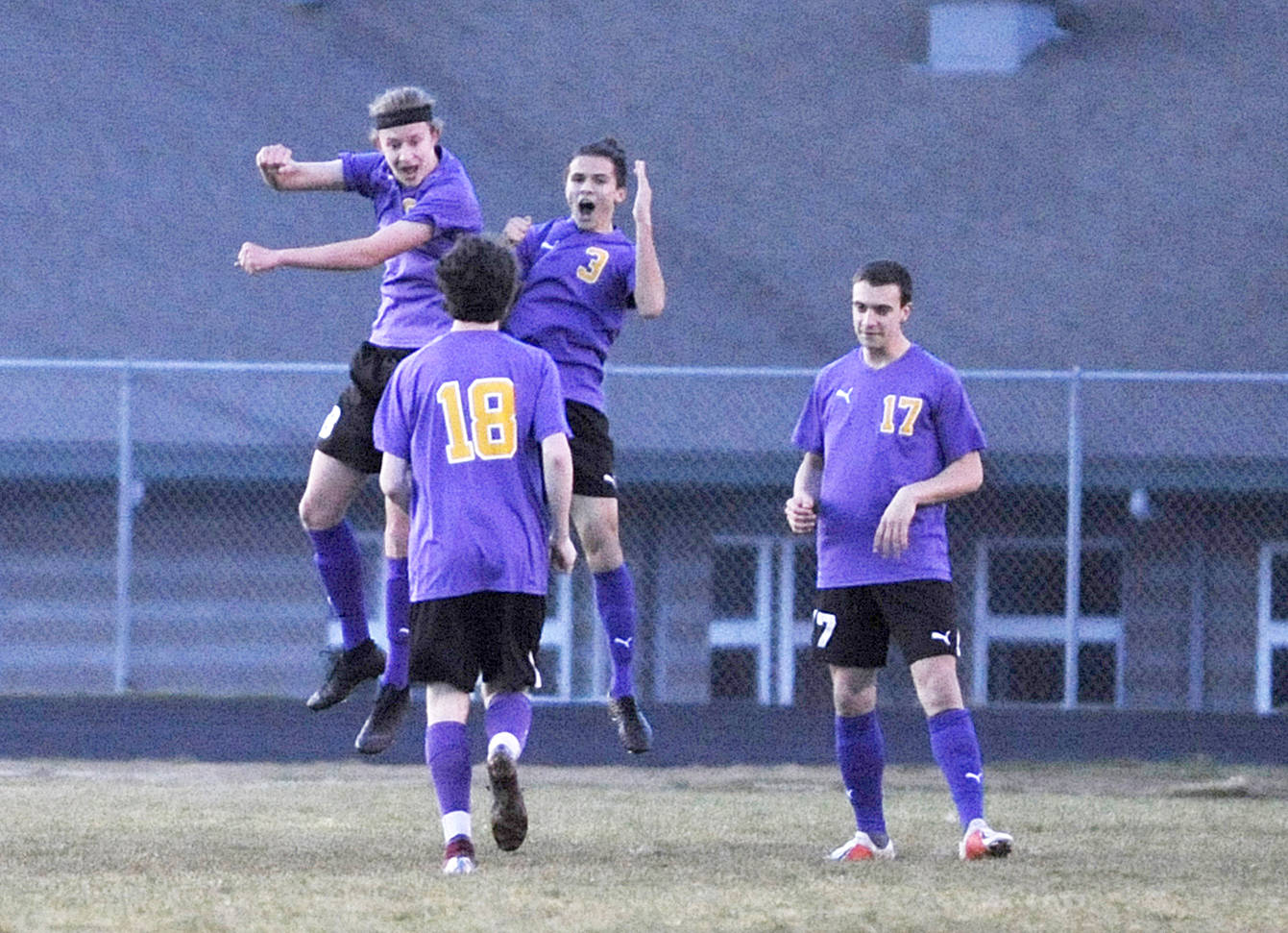 <strong>Michael Dashiell</strong>/Olympic Peninsula News Group                                It’s been a season to remember for the Sequim boys soccer team. Mike McAleer, top left, and Ryan Tolberd celebrate scoring an early-season goal while teammates Reid Parker and Rodrigo Silva-Carrasco look on.
