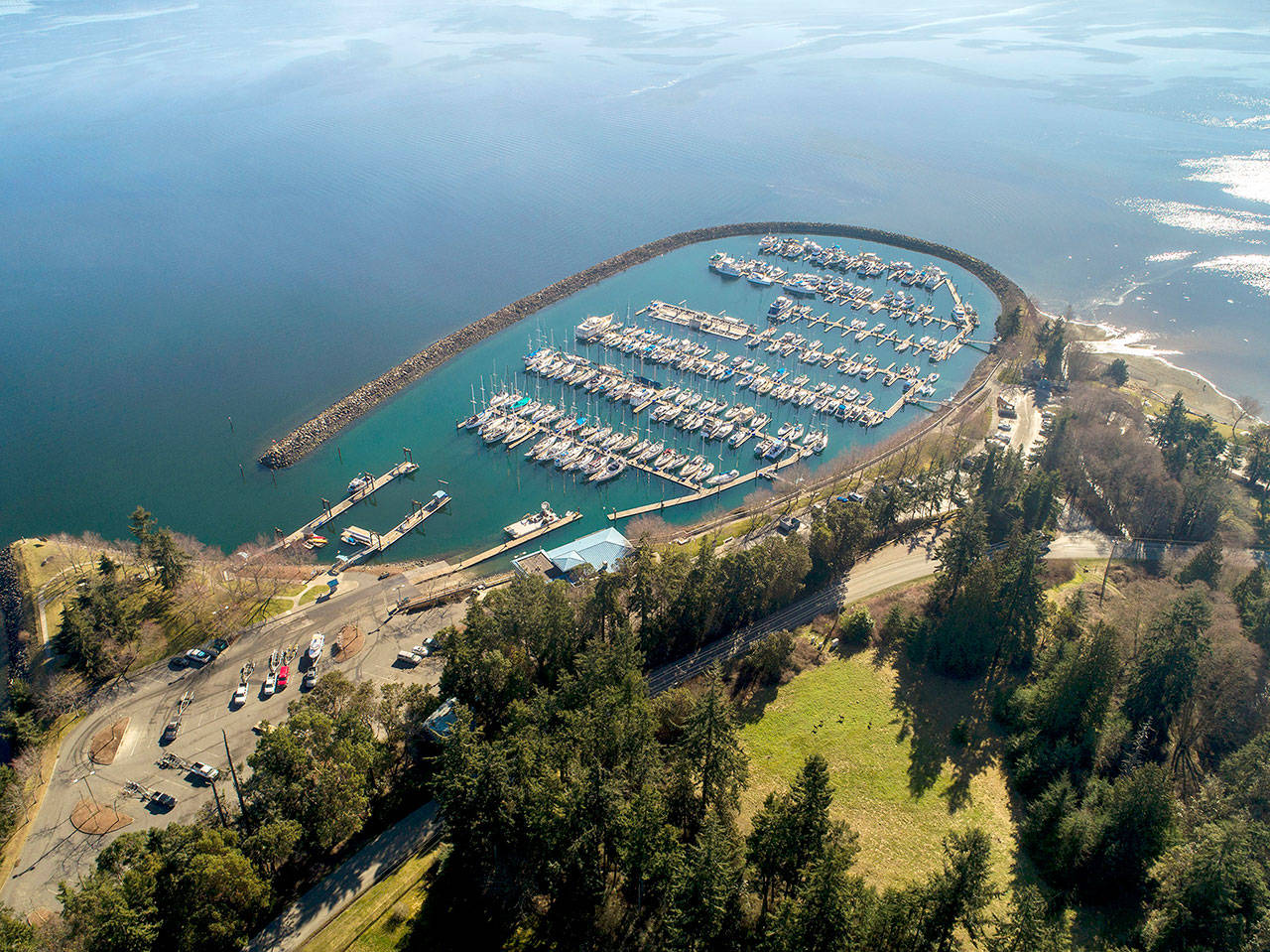 The future of the John Wayne Marina, seen here from the air, is under evaluation both by the city of Sequim and the Jamestown S’Klallam Tribe. (John Gussman)
