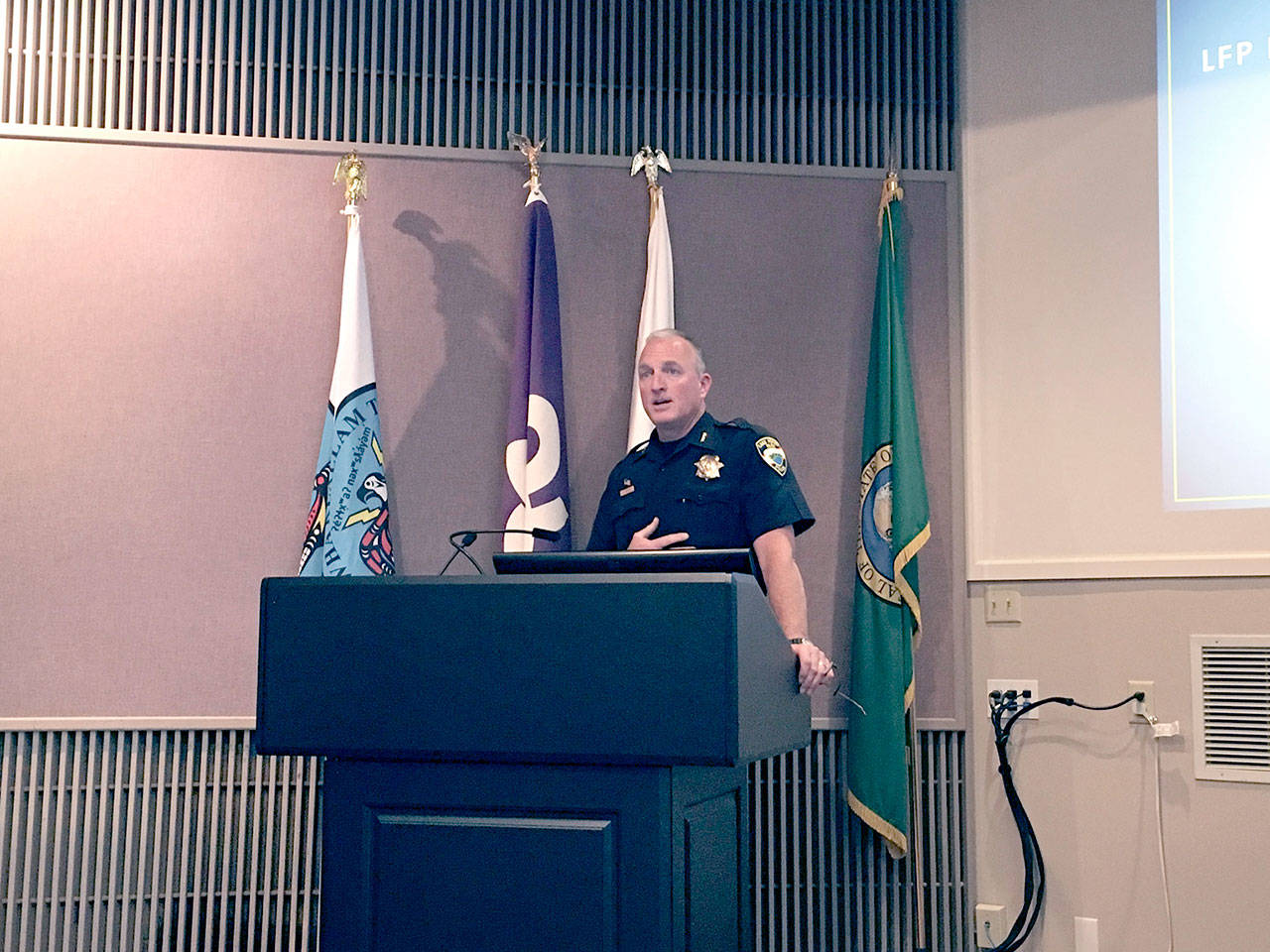 Lake Forest Park Police Chief Steve Sutton explains the traffic safety camera/photo enforcement system used in his city at the Port Angeles City Council meeting Tuesday. (Rob Ollikainen/Peninsula Daily News)