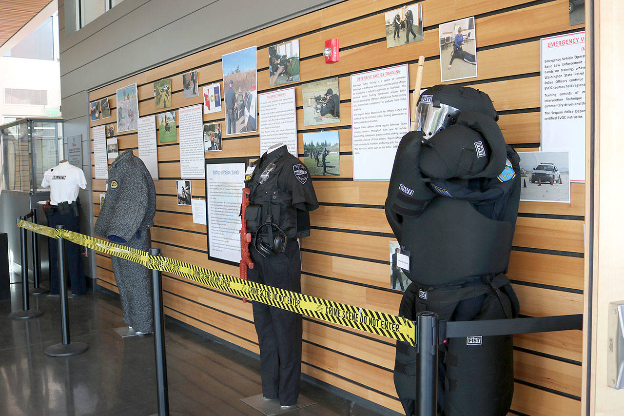 Police training equipment is on display as an exhibit in the Sequim Civic Center.