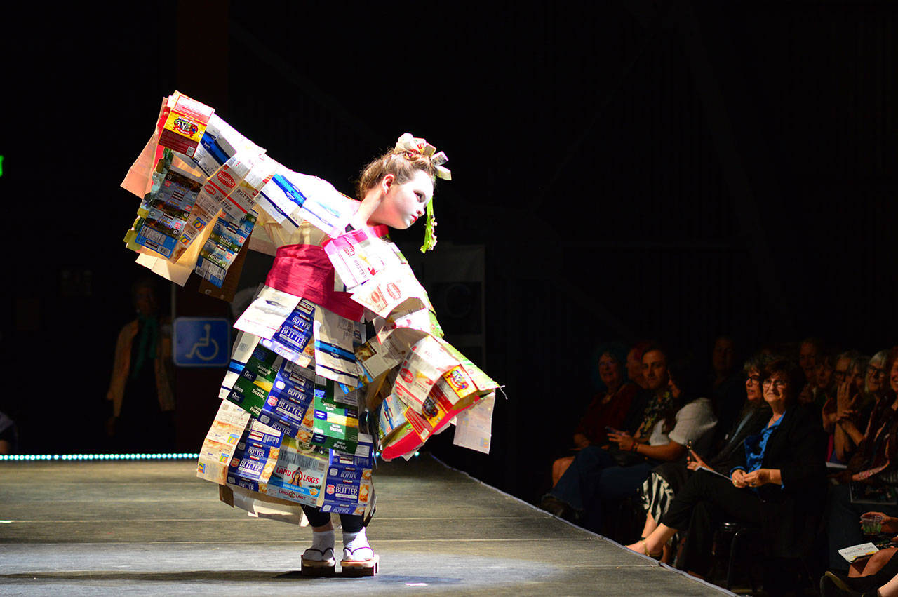 Port Townsend’s Isabella Nunn, 12, models her Wearable Art Show creation titled “Madame Butterfly” at McCurdy Pavilion on Saturday night. (Diane Urbani de la Paz/for Peninsula Daily News)