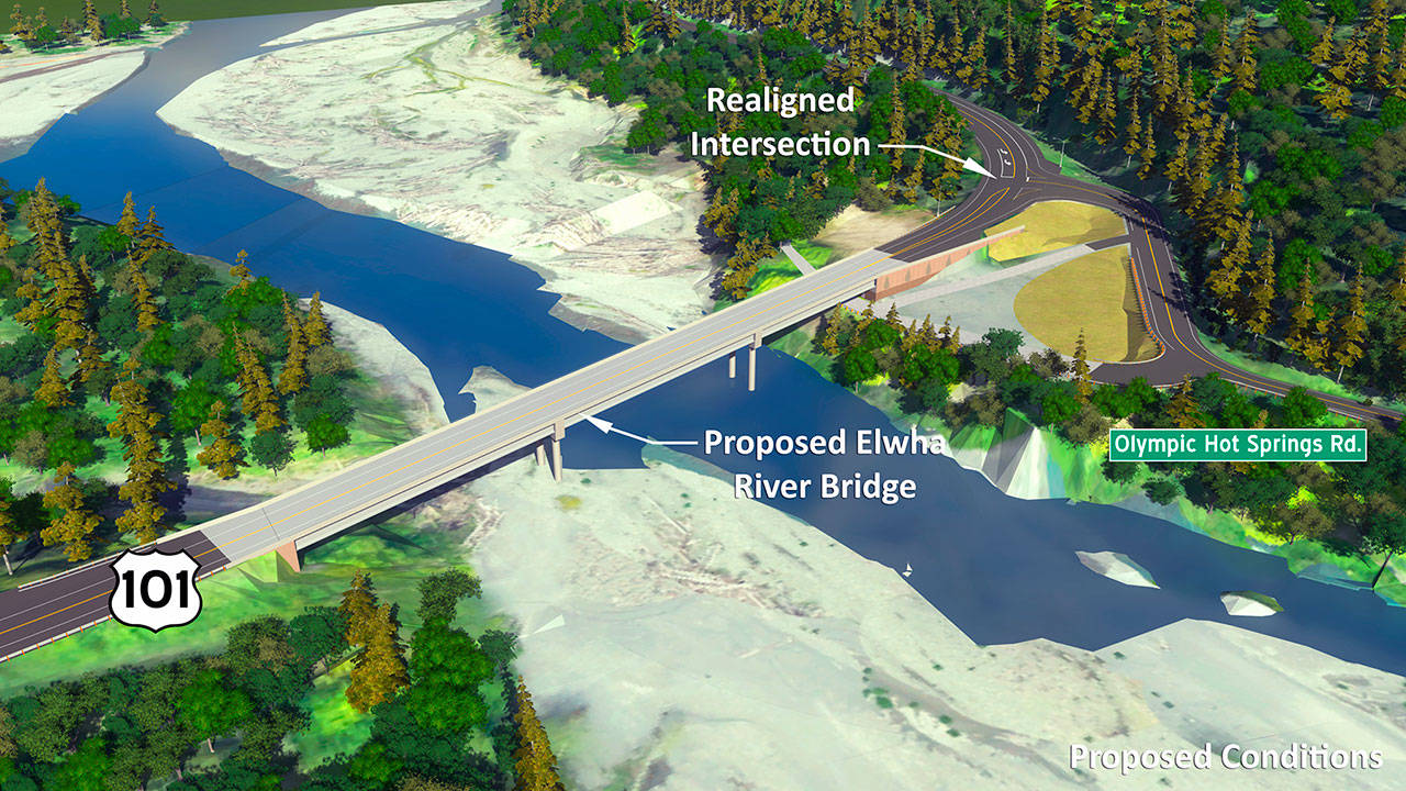 State highway officials have released plans to replace the U.S. Highway 101 bridge over the Elwha River and realign the intersection with the nearby Olympic Hot Springs Road. (Department of Transportation)
