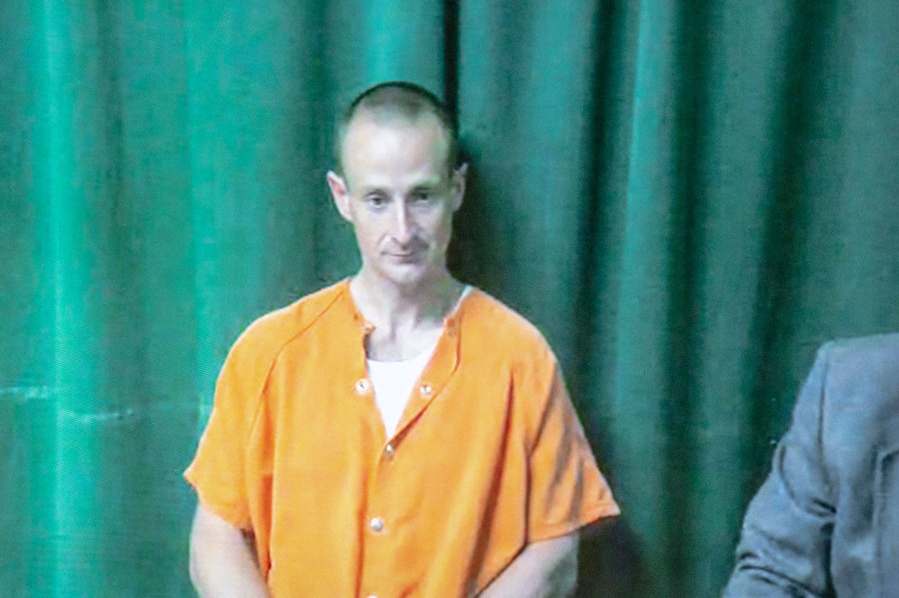 Joey A. Maillet, 38, appears in Clallam County Superior Court on Tuesday, where he was ordered held on $350,000 bail. He is accused for driving a front loader into FREDS Guns on April 13 and stealing 26 handguns. (Jesse Major/Peninsula Daily News)