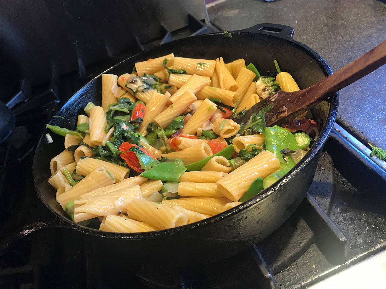 One-pot pasta primavera is an easy dish to prepare with minimal equipment. (Betsy Wharton/for Peninsula Daily News)