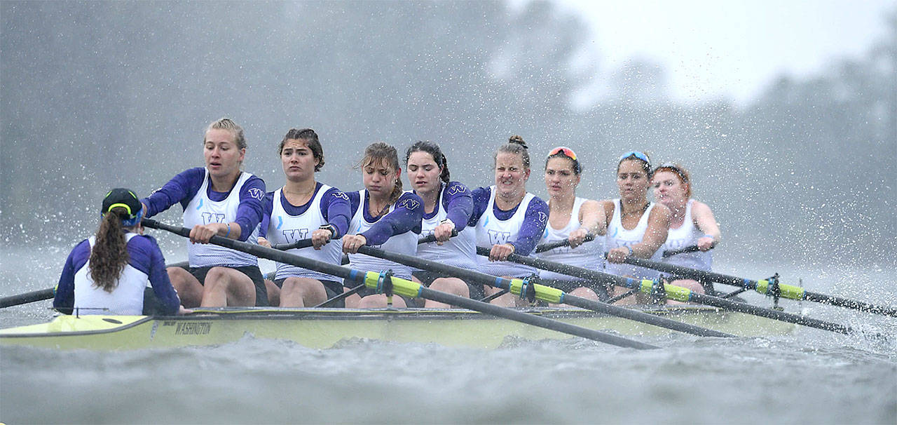 The University of Washington second varsity eight competes in poor weather May 19 at Gold River, Calif., in the Pac-12 championships. The third rower from the left is Sequim High School graduate Elise Beuke. Beuke’s boat won its race, and the UW women won their third straight Pac-12 championship. Beuke is competing in the NCAA national championships this weekend. (University of Washington)