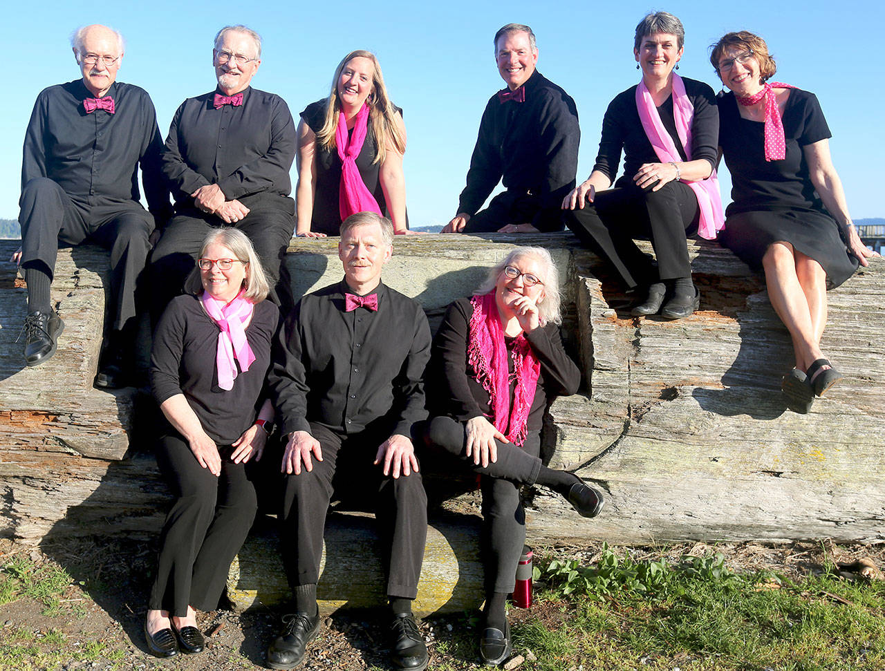 The Wild Rose Chorale is readying for a cappella concerts tonight and Saturday, June 8. Personnel includes, clockwise, from top left, Doug Rodgers, Al Thompson, Sarah Gustner-Hewitt, Steve Duniho, Leslie Lewis, JES Schumacher, Marj Iuro, Charles Helman and Lynn Nowak. (Barney Burke)
