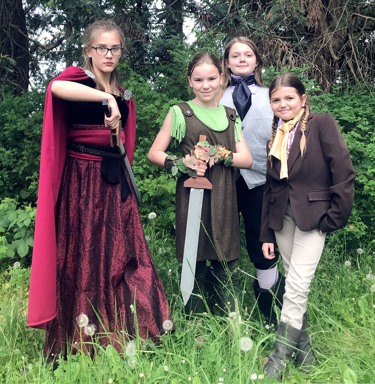 From left, Gretel Maberry as Hippolyta, Ally Ferens as Moth, Sierra Douglas as Egeus and Lavender Douglas as Tom Snout.