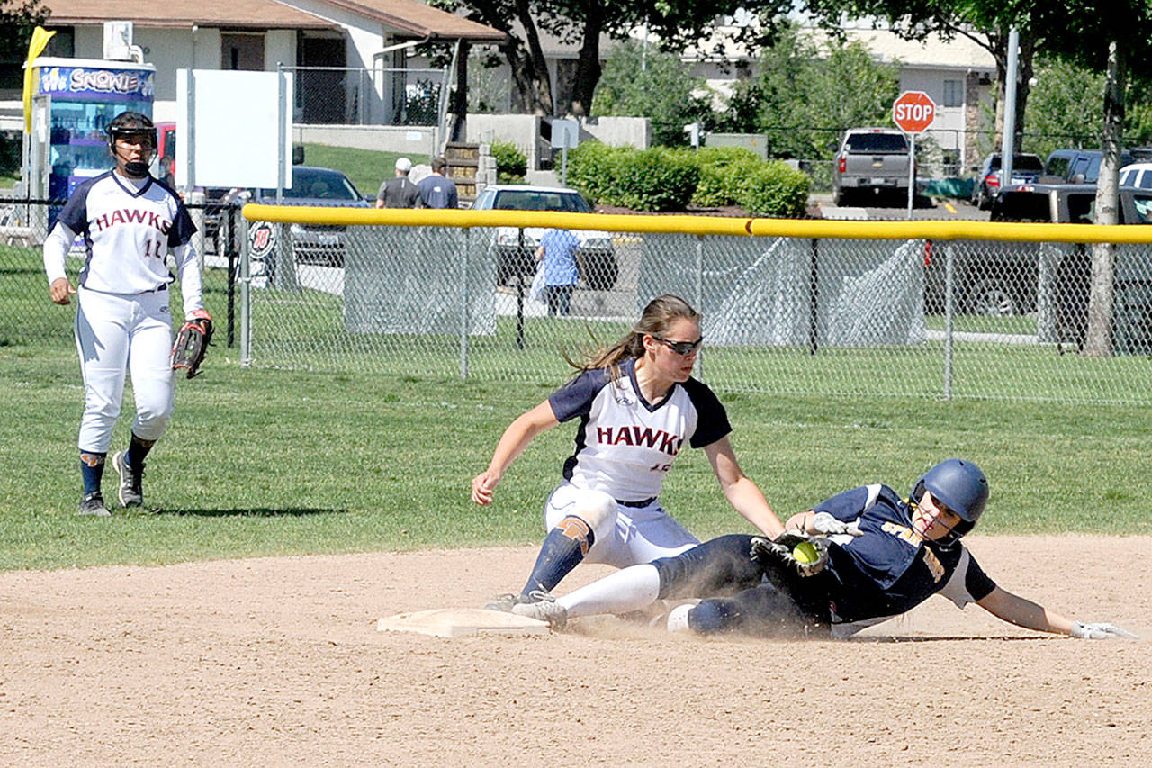 Forks’ Natalie Lausche was safe at second with a double as Forks defeated College Place 11-1 Saturday then went on toplace fourth at the State 1A softball tournament held in Richland. (Lonnie Archibald /for Peninsula Daily News)