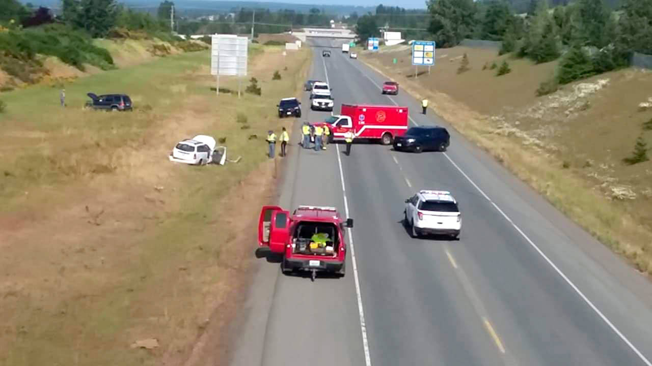 A two-vehicle collision blocked both lanes of U.S. Highway 101 in Sequim on Wednesday afternoon. (Brandon Haynes)