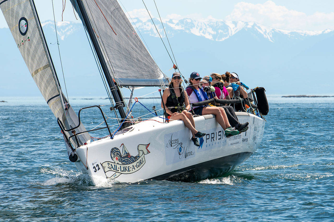 Team Sail Like a Girl enjoys a sunny day on its way to the Race to Alaska first-place victory in 2018. (Katrina Zoe Norbom/Race to Alaska)