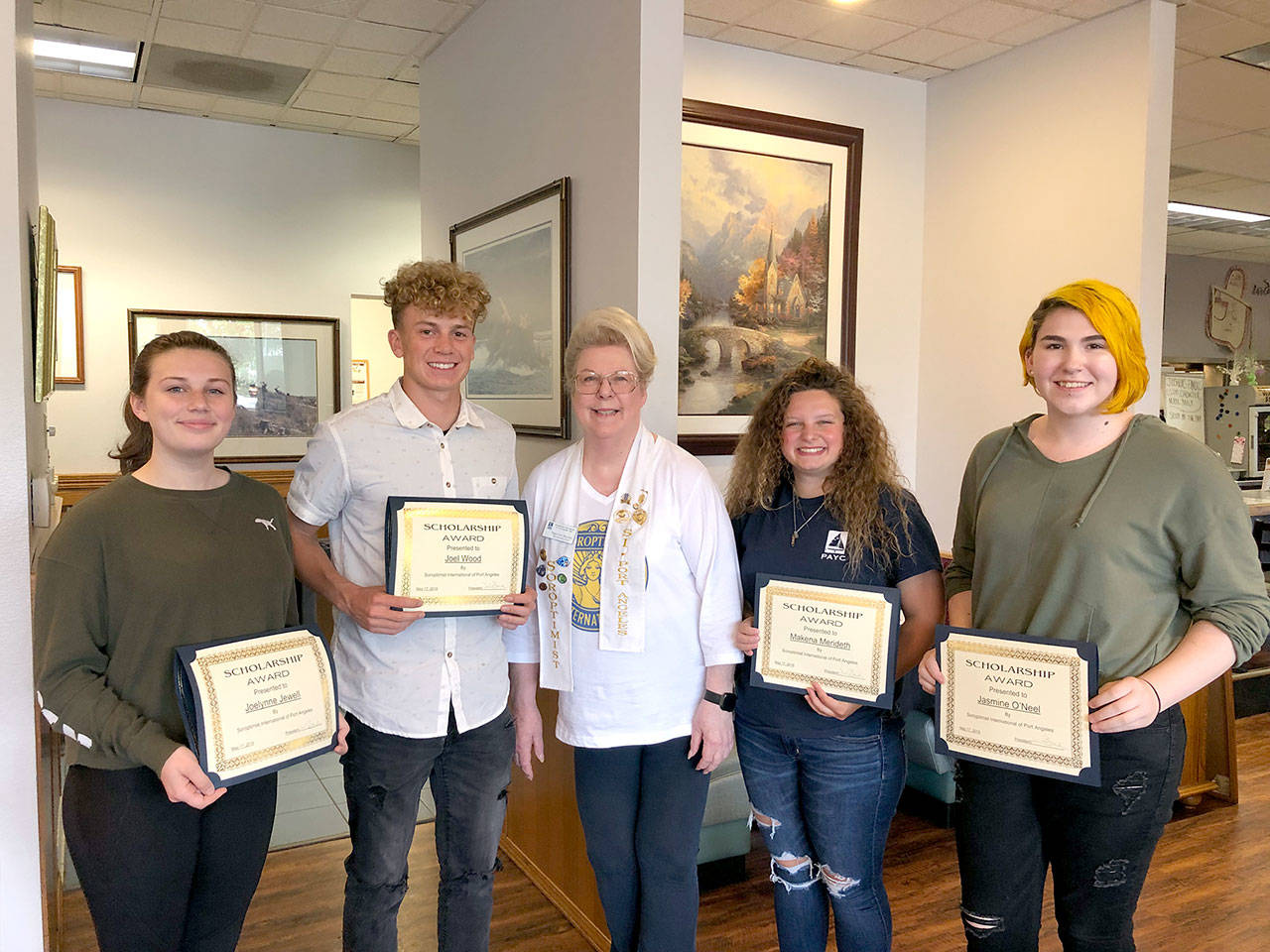 Pictured, from left, are Joelynne Jewell, Joel Wood, Soroptimist Noon Club President Jeri Bawden, Makena Merideth and Jasmine O’Neel.