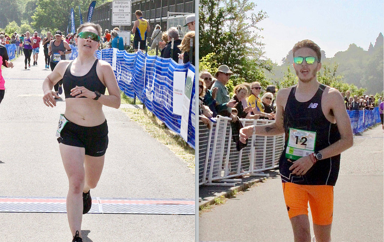 Sequims Heidi Hietpas, left and Mikey Cobb, won the womens and the mens North Olympic Discovery Marathon on Sunday. Cobb, a 2015 Sequim High School graduate, won the race in record time at 2:33.36. (Dave Logan/for Peninsula Daily News)