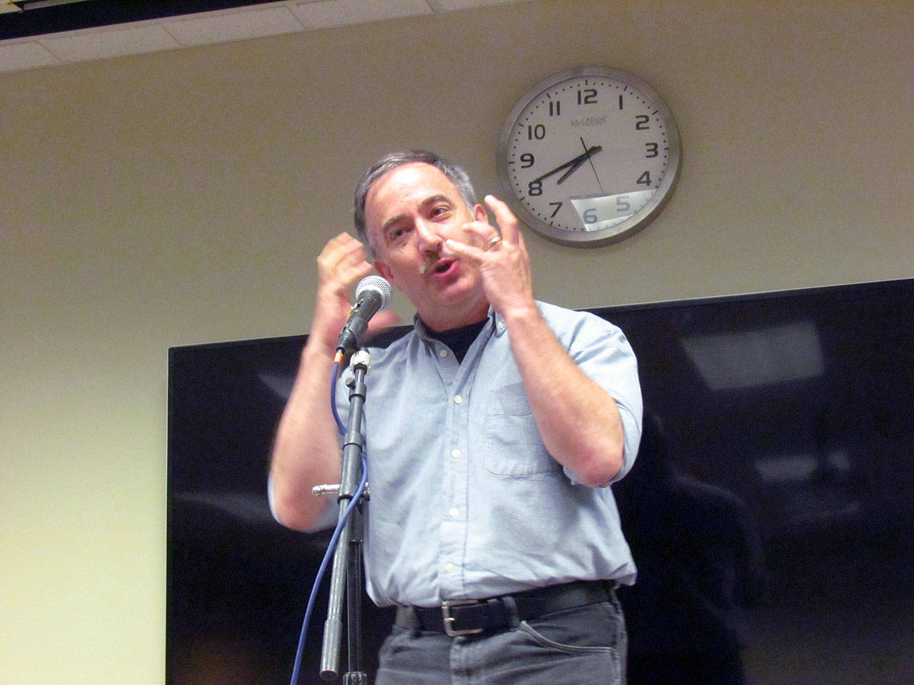 Ken Dubuc of Port Angeles, seen here in full flight during last years Liars Contest, shall return to compete in the 2019 event at the Port Angeles Library this Saturday. (Ingrid Nixon/Story People of Clallam County)