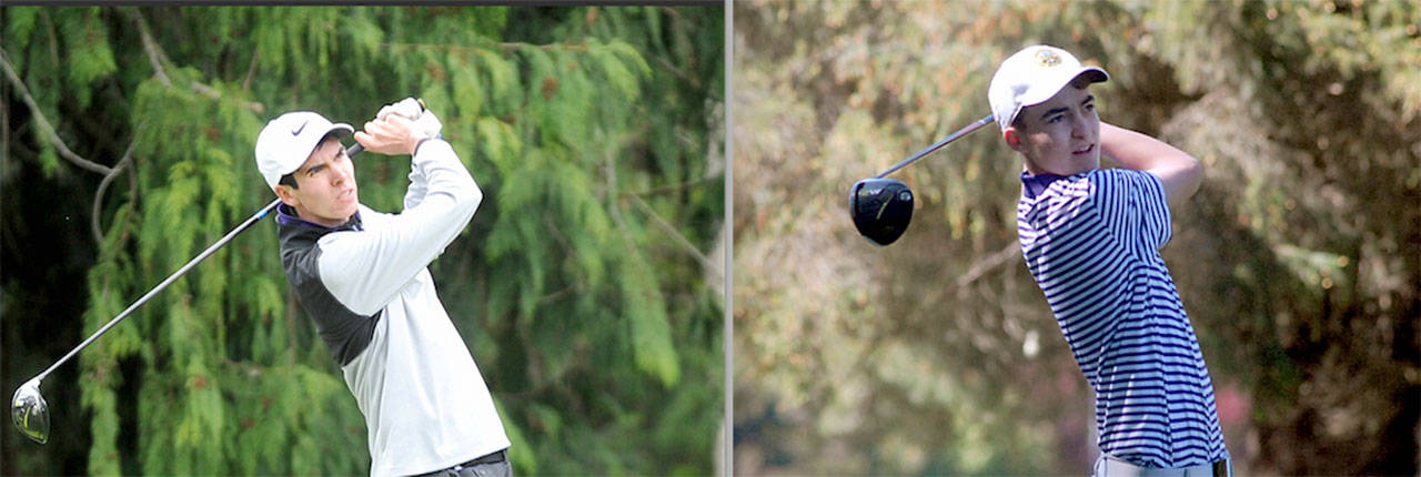 Sequim’s Blake Wiker, left, and Paul Jacobsen, are co-all Peninsula Boys’ Golf MVPs. (Photos by Michael Dashiell/Olympic Peninsula News Group and Keith Thorpe/Peninsula Daily News)