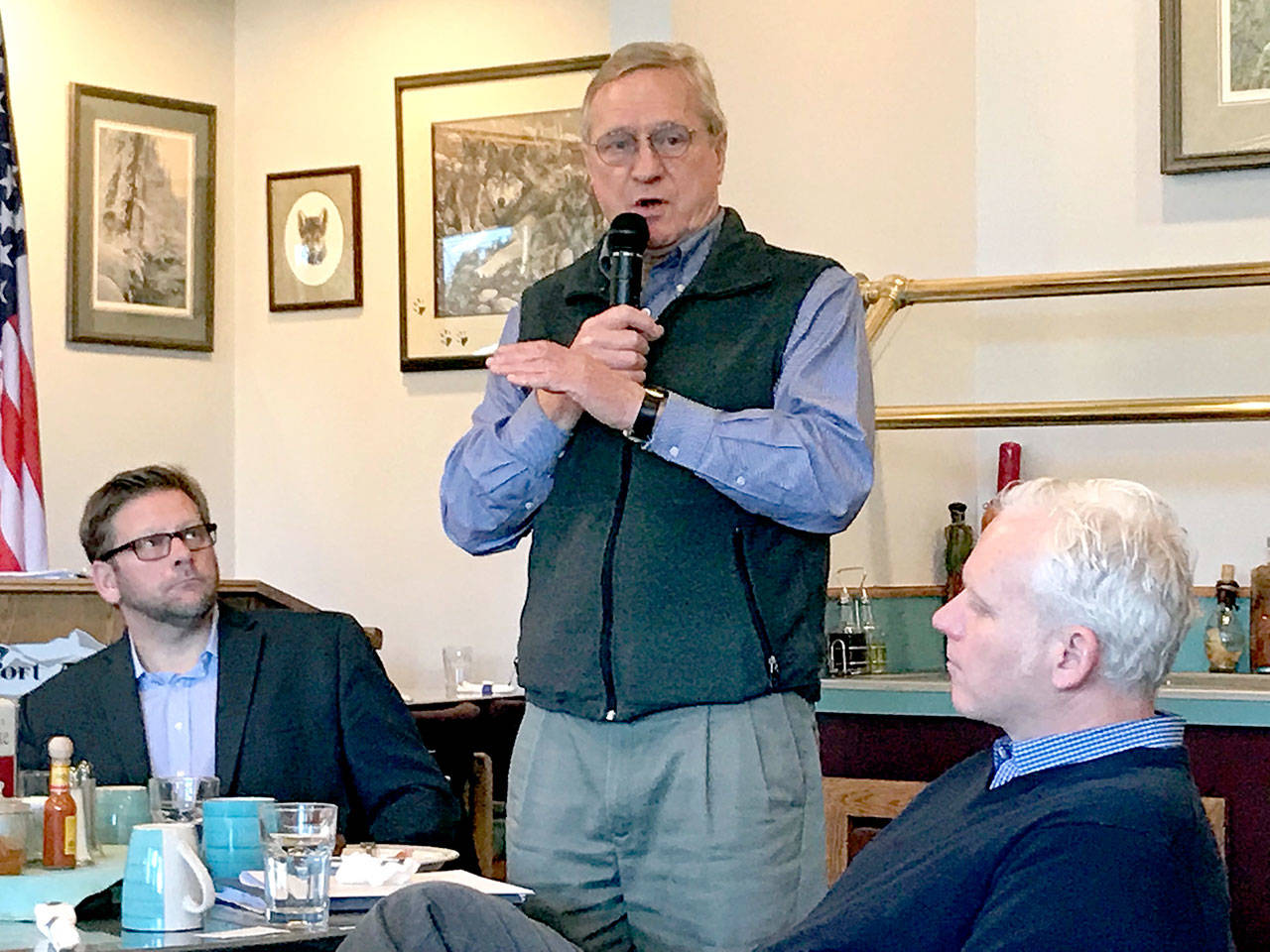 State Rep. Steve Tharinger of Port Townsend joined state Rep. Mike Chapman of Port Angeles, left, and state Sen. Kevin Van De Wege of Sequim, right, to review the 2019 legislative session Tuesday at a breakfast meeting. (Paul Gottlieb/Peninsula Daily News)