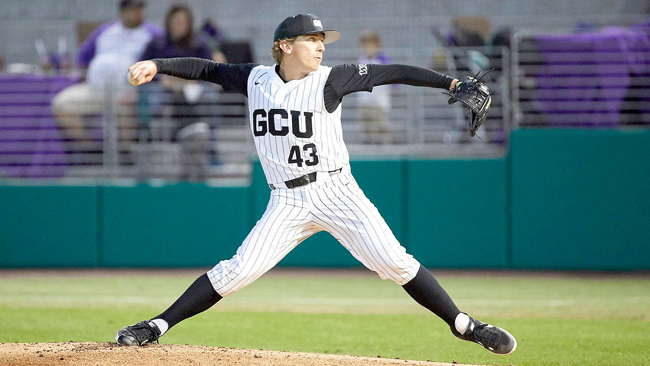 Grand Canyon Athletics Kade Mechals pitching for Grand Canyon University. Mechals is pitching for the Port Angeles Lefties this summer and has been drafted by the MLBs Miami Marlins.
