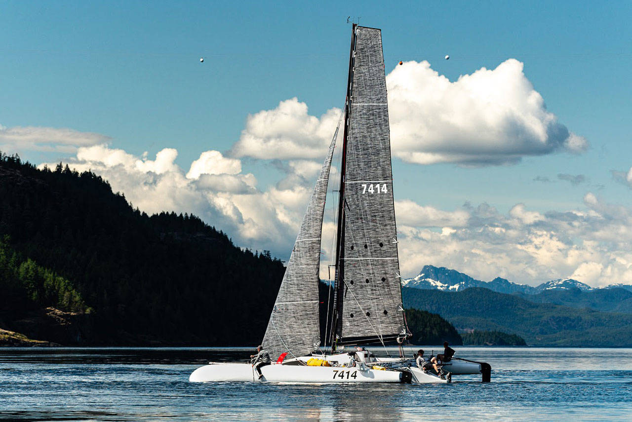 Team Pear Shaped Racing, shown here near Seymour Narrows, was reportedly holding the lead Sunday in the Race to Alaska. Team Angry Beaver appeared to be catching up. (Drew Malcom)