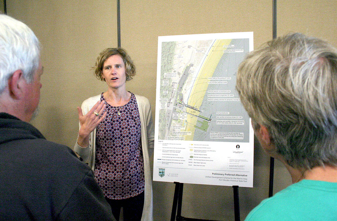 Anna Spooner, a senior landscape architect from Anchor QEA of Seattle, discusses the preliminary preferred alternative for the Fort Worden State Park area that encompasses the pier, boat launch and Port Townsend Marine Science Center. The $10.4 million plan will be submitted to the state Office of Financial Management for consideration in future legislative budget cycles. (Brian McLean/Peninsula Daily News)