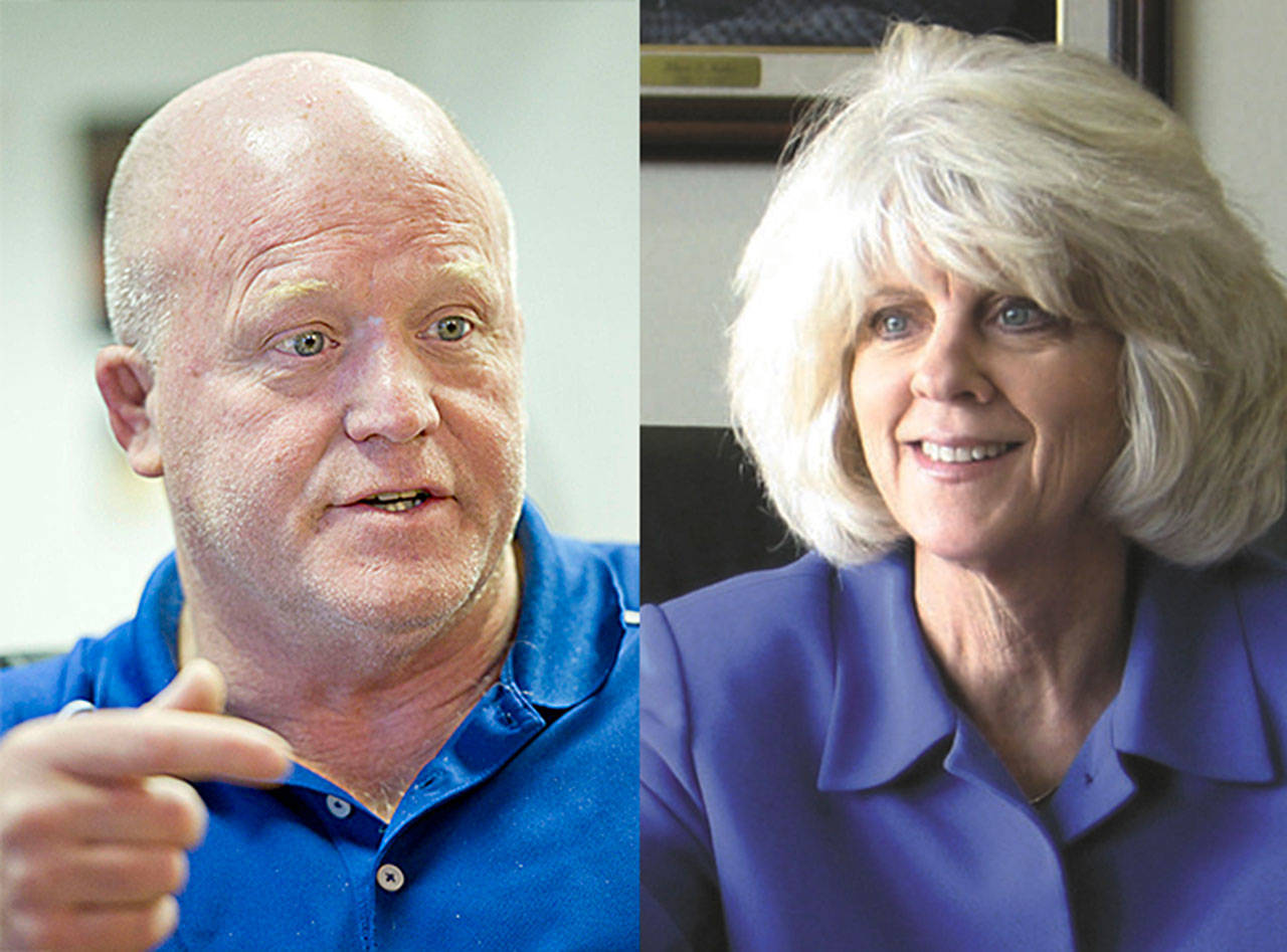 Rob Clark, superintendent of the Milton-Freewater (Oregon) School District, and Jane Pryne, former Port Angeles School District superintendent, are the two finalists for the interim superintendent position with the Sequim School District. (Greg Lehman/Walla Walla Union-Bulletin; Peninsula Daily News 2013 file photo)