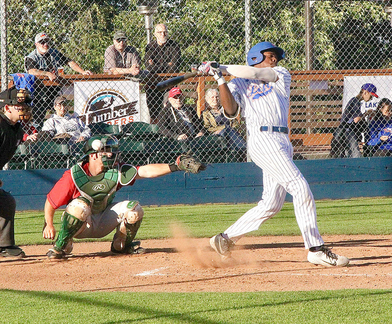 The Lefties Nick Berry fouls off a pitch from Wenatchees Ryan Long, who fired a shutout for seven innings in the AppleSoxs 7-3 win over the Port Angeles on Tuesday. (Dave Logan/for Peninsula Daily News)