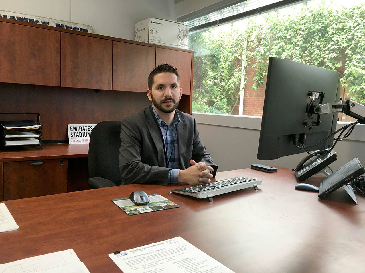 Port Angeles Public Works and Utilities Director Thomas Hunter in his new office at Port Angeles CIty Hall. (Rob Ollikainen/Peninsula Daily News)