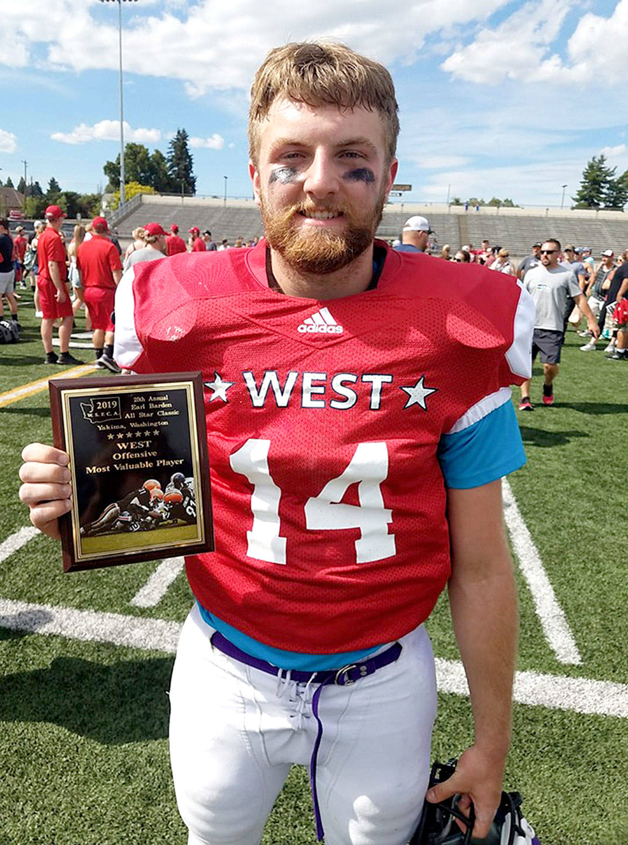 Sequim’s Riley Cowan was named the West Team’s offensive MVP in the 25th annual Earl Barden All-Star Classic. Cowan rushed for 35 yards and threw a touchdown pass for the West.