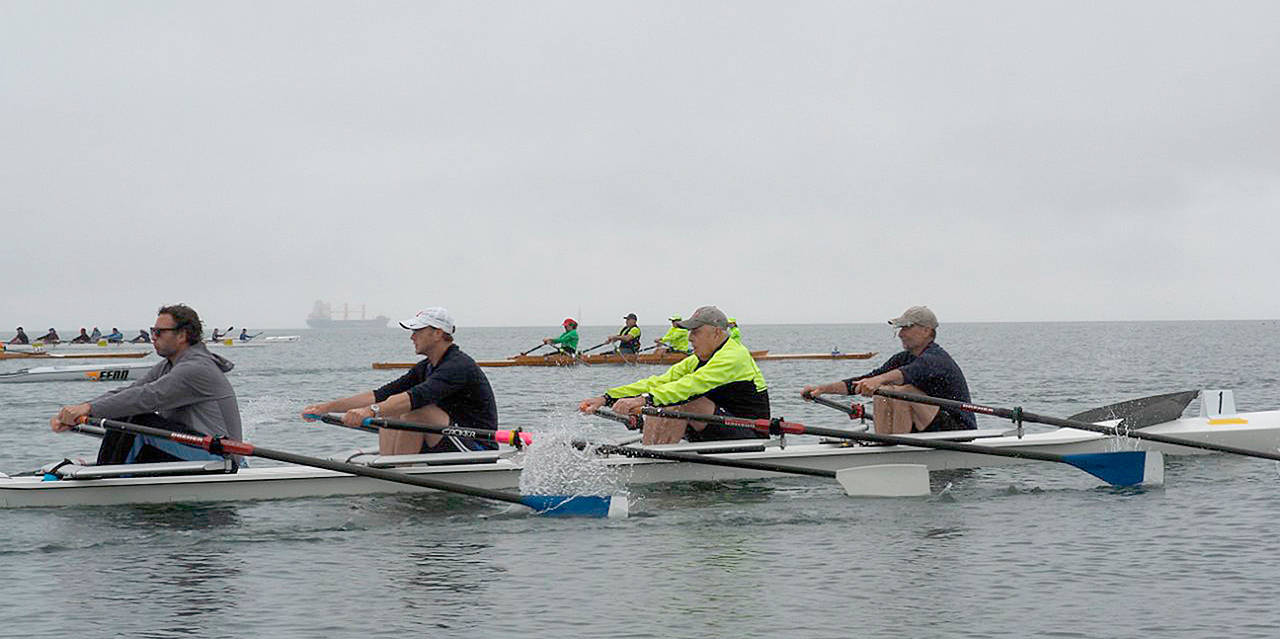 Michael Lampi/Sound Rowers The Storb QuadMaas 4X OW, crewed by father and son duo Rainer and Adrian Storb, Paul Grigsby and Port Townsend’s Steve Chapin won the 25th annual Rats Island Regatta, a 7.8-mile race off Port Townsend last Saturday.