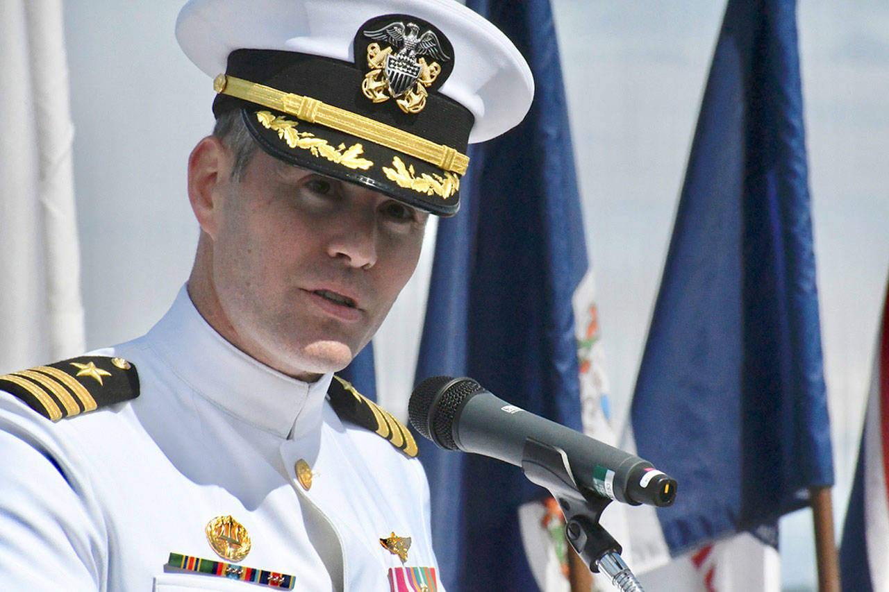 Commander Don Emerson, USN, assumed command of Naval Magazine Indian Island during a change of command ceremony Friday. Emerson is an aerospace engineer and fixed wing and rotary wing aircraft pilot. He relieves Commander Rocky Pulley, USN, who will move to a position on the staff for Commander, Navy Region Northwest in Silverdale. (Jeannie McMacken/Peninsula Daily News)