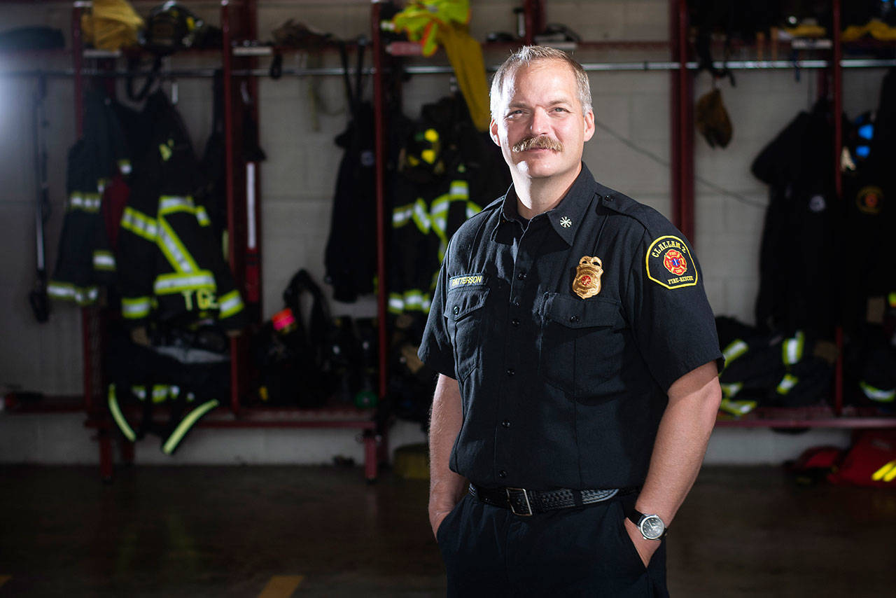 Jake Patterson starts today as fire chief for Clallam County Fire District 2, succeeding Chief Sam Phillips after his retirement. (Jesse Major/Peninsula Daily News)