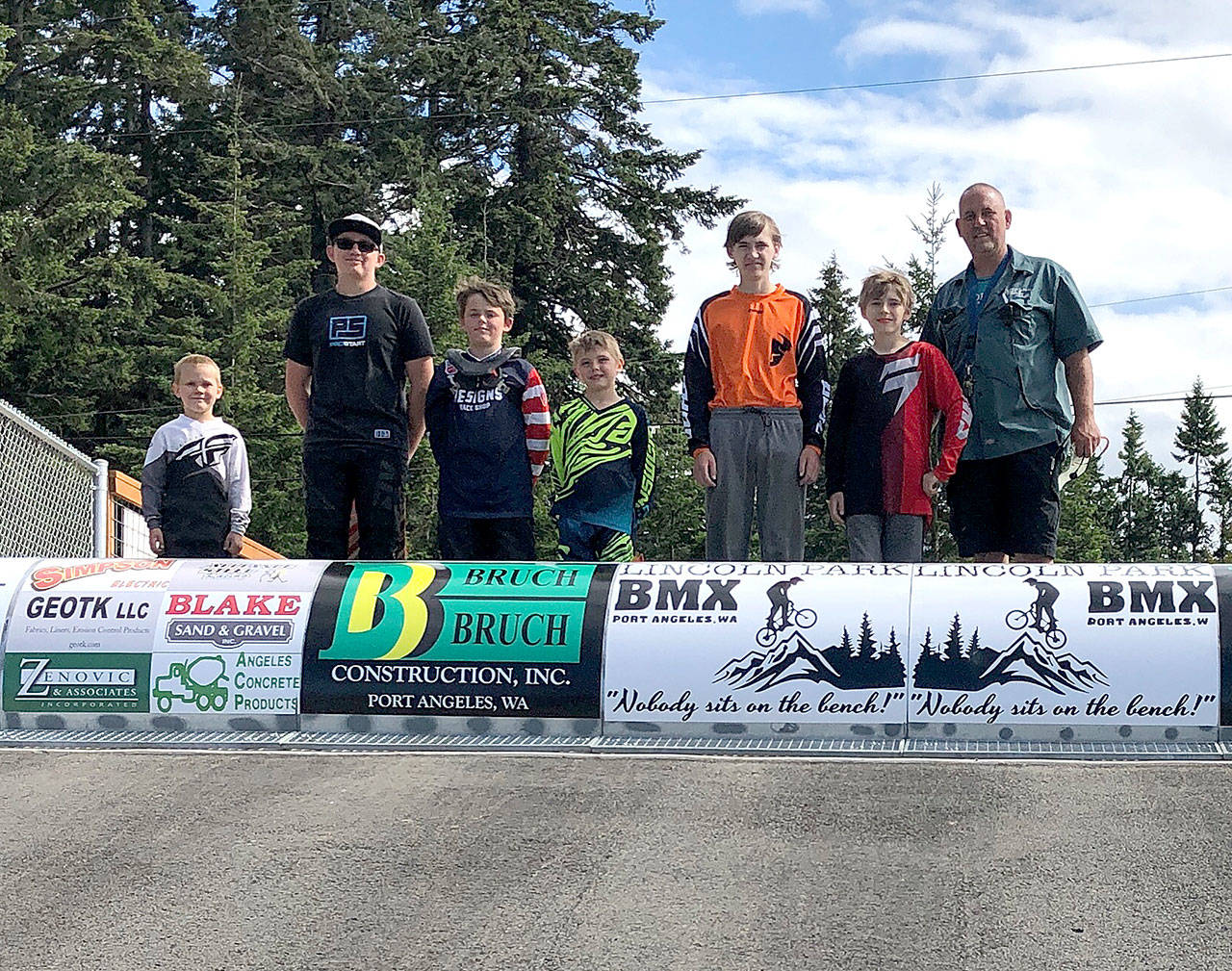 From left, Thomas Dalgardno, Andy Goldsbary, Cash Coleman, Zebastian Ferrier-Dixon, Mason Beal and Jackson Beal teamed up to raised $1,580 during the Race for Life event at the Lincoln Park BMX Track. Not pictured are Evan Hernandez and George Williams. The proceeds are going to the Leukemia and Lymphoma Society. The track also raised $1,350. (Dave Logan/for Peninsula Daily News)